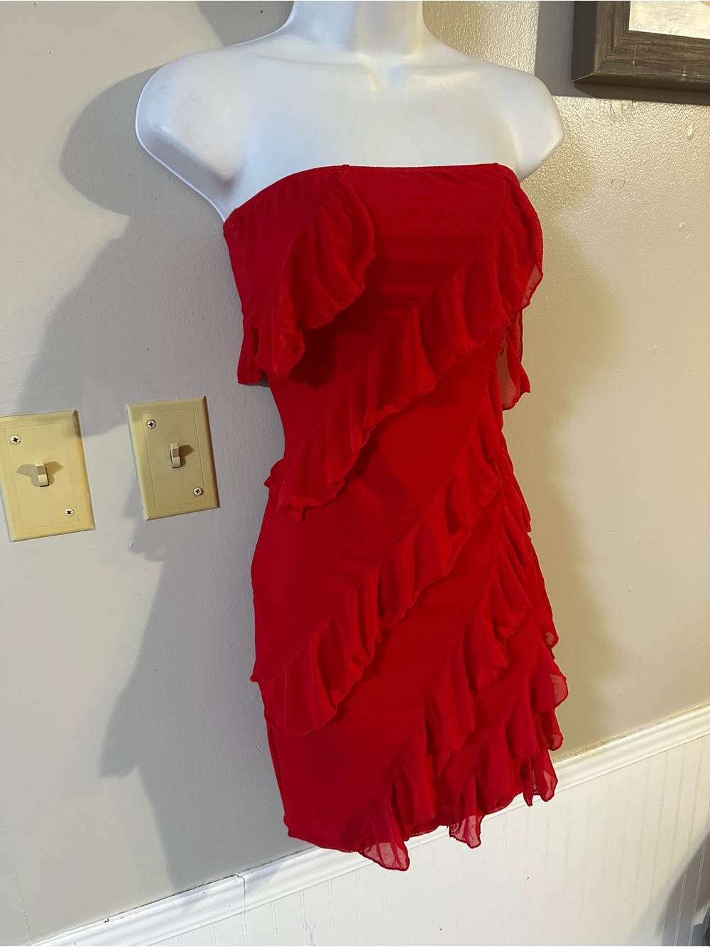 Strapless Red Ruffle Mini Dress - Picture 3 of 6